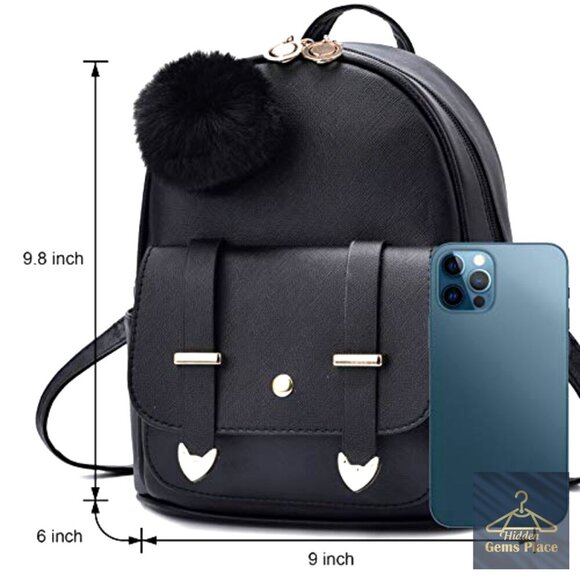 Mini PU Leather Backpack with Pompom, Adjustable Straps, 6 Pockets, Water main image 5